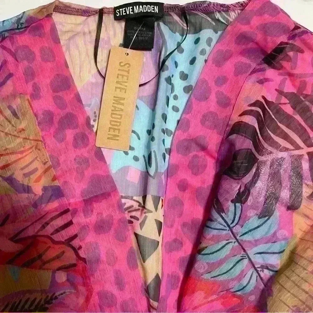NWT Steve Madden Womens Tropical Jungle Tie Front Kimono Grap Pink Tropical OS - Picture 4 of 6